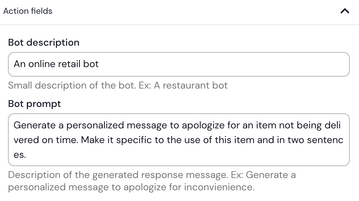 Example of action fields for a personalized apology response made by GPT-3